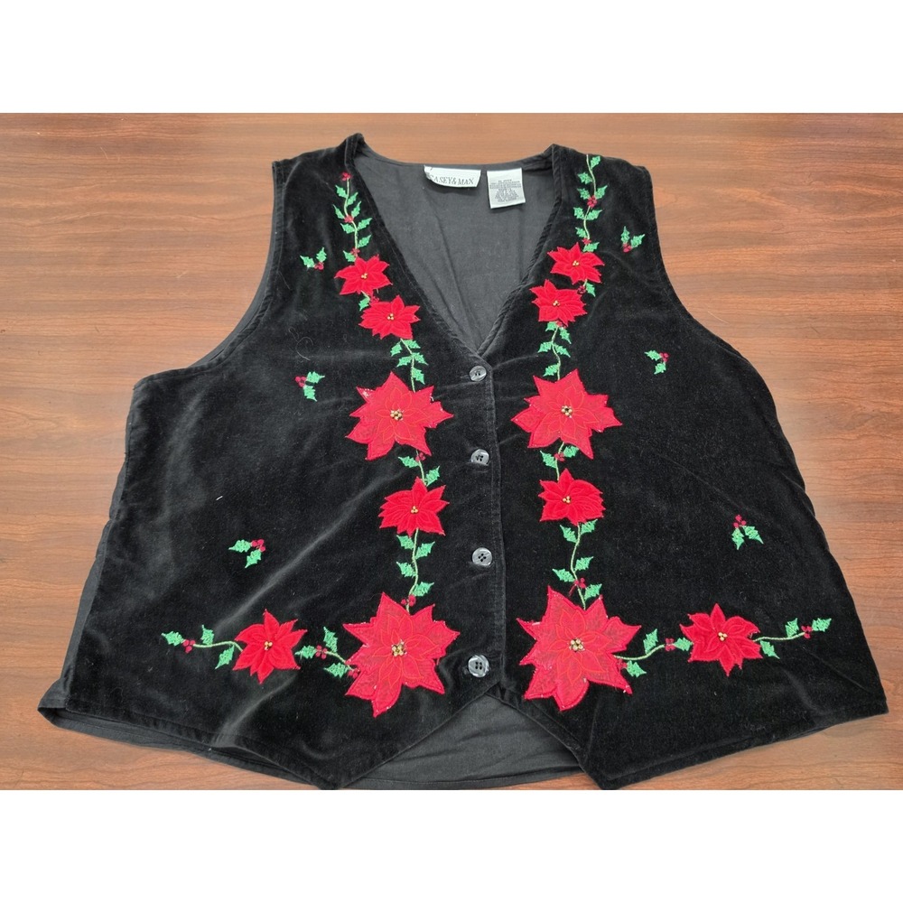 Casey & Max Black Velvet Christmas Vest Poinsettia Holly Embroidered Cotton L